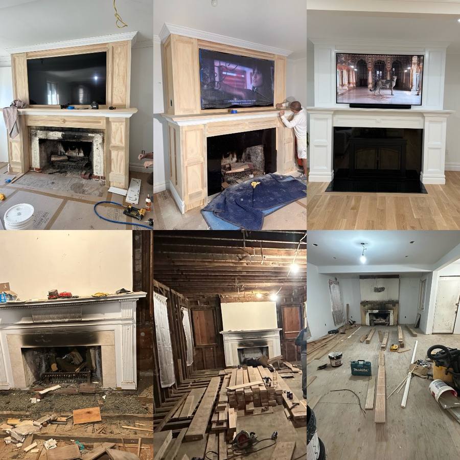 Fireplace renovation shown before, during construction and after completion